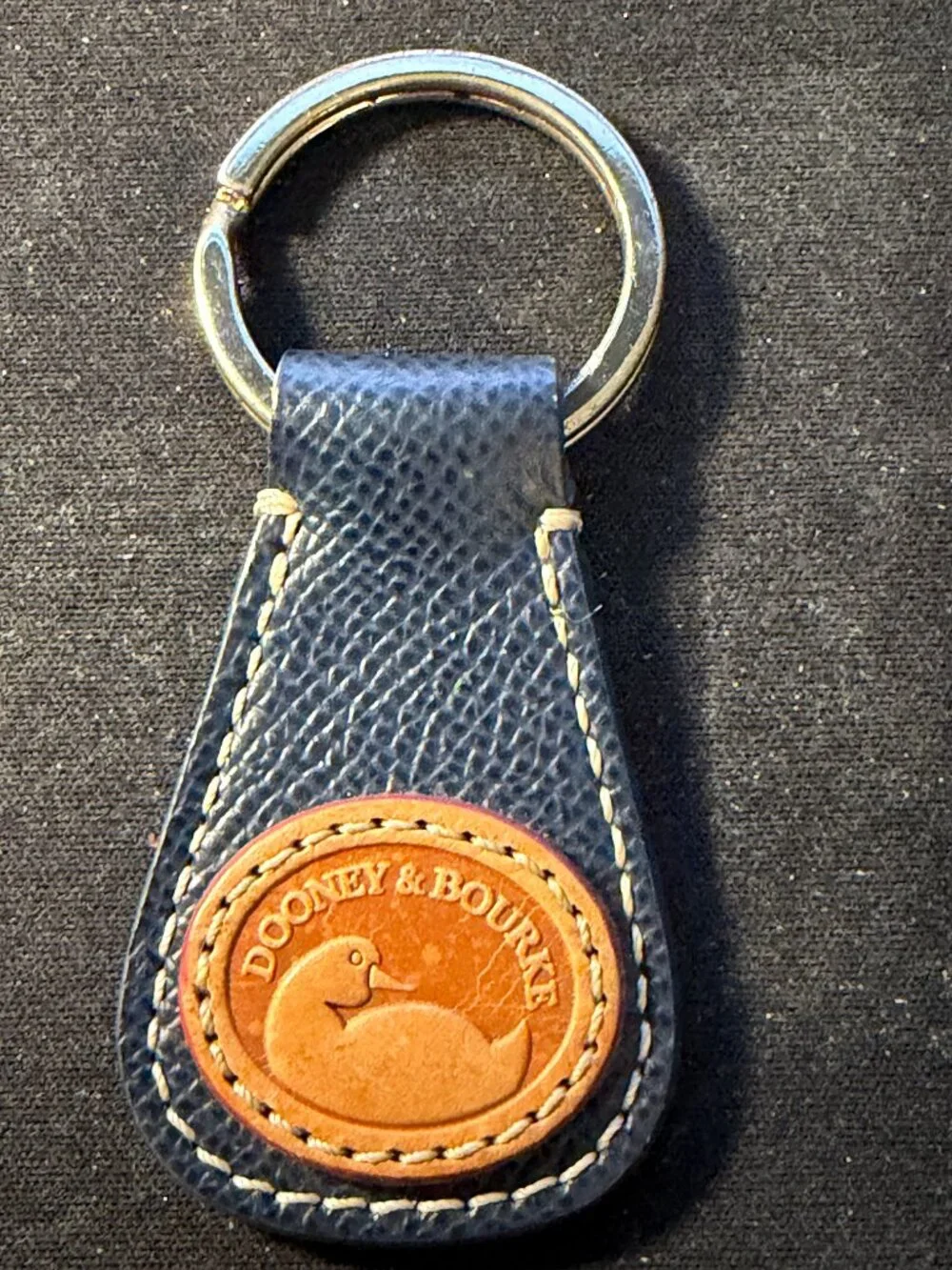 Vintage Dooney & Bourke Navy Blue Leather Duck Key Fob Keychain Silver Tone Ring